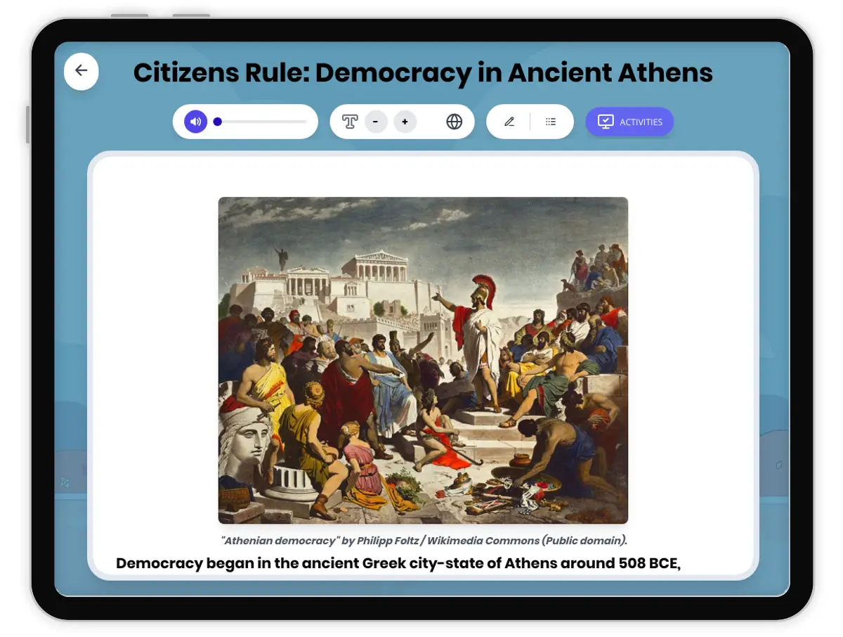 Interactive — Reading Comprehension preview: Citizens Rule: Democracy in Ancient Athens covering  standards - Page 1 of 1