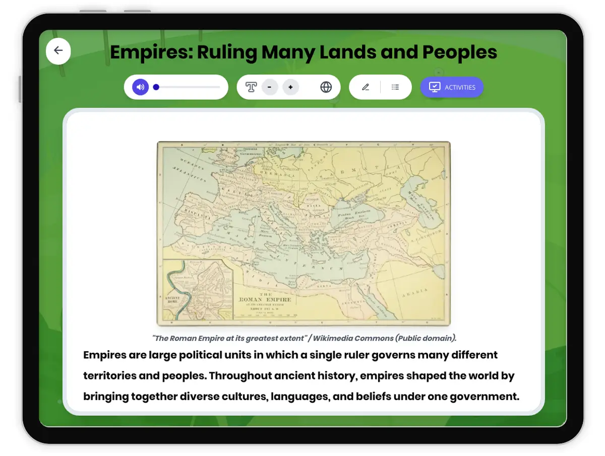 Interactive — Reading Comprehension preview: Empires: Ruling Many Lands and Peoples covering  standards - Page 1 of 1