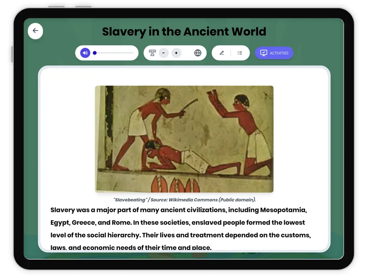 Interactive — Reading Comprehension preview: Slavery in the Ancient World covering  standards - Page 1 of 1