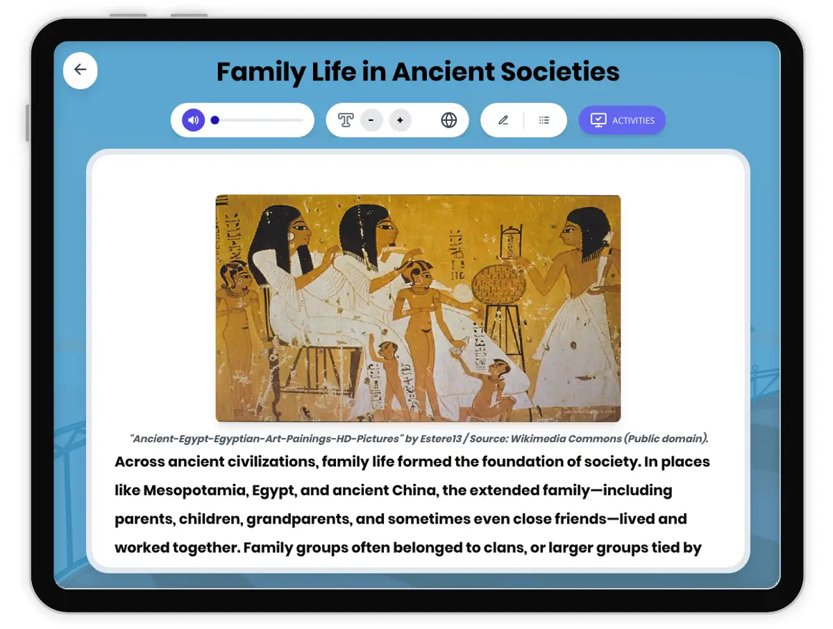 Interactive — Reading Comprehension preview: Family Life in Early Civilizations covering  standards - Page 1 of 1
