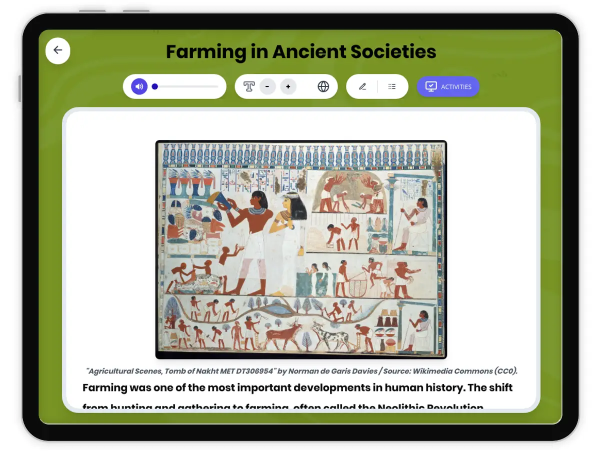 Interactive — Reading Comprehension preview: Farming in Ancient Societies covering  standards - Page 1 of 1