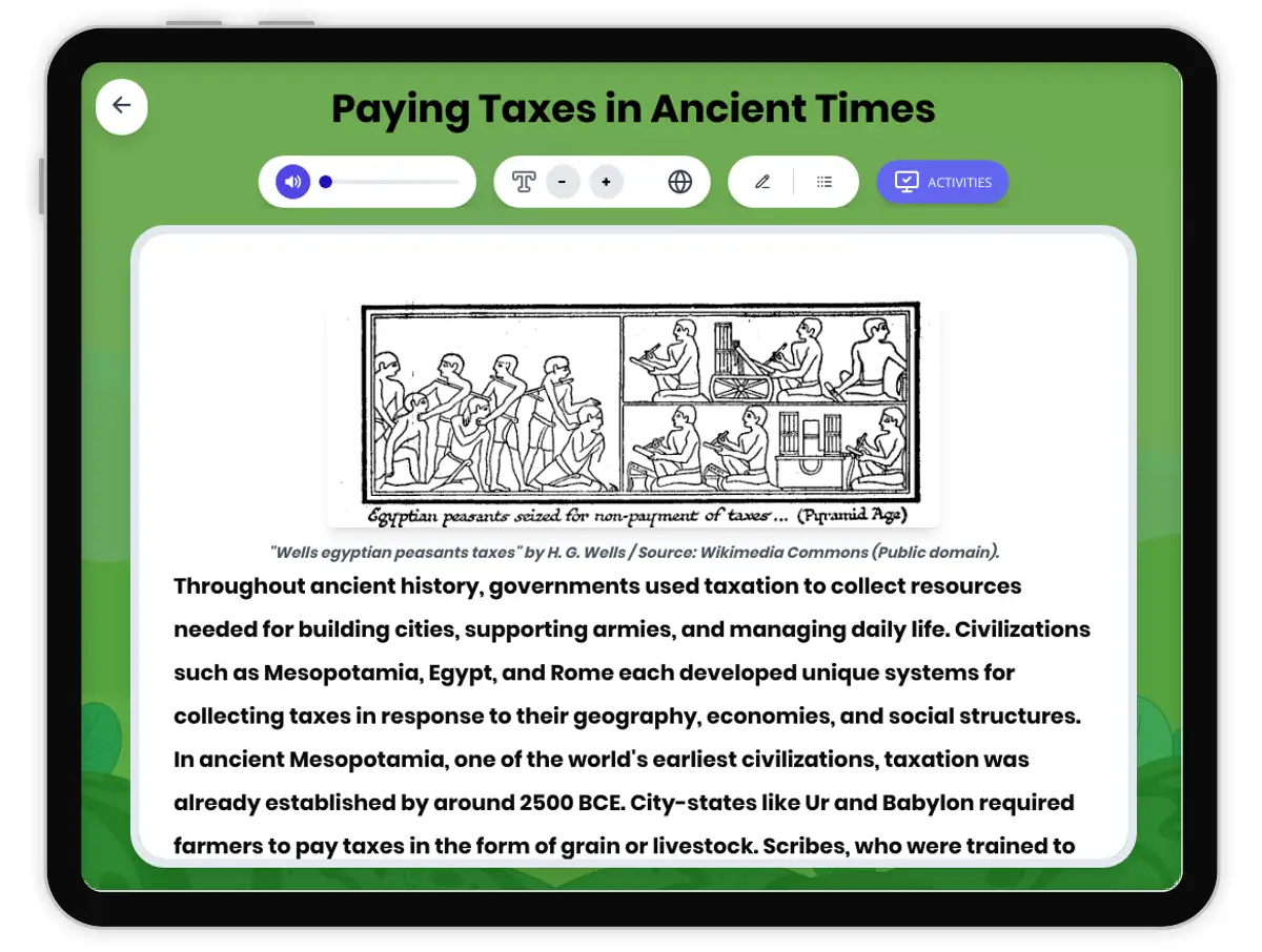 Interactive — Reading Comprehension preview: Paying Taxes in Ancient Times covering  standards - Page 1 of 1