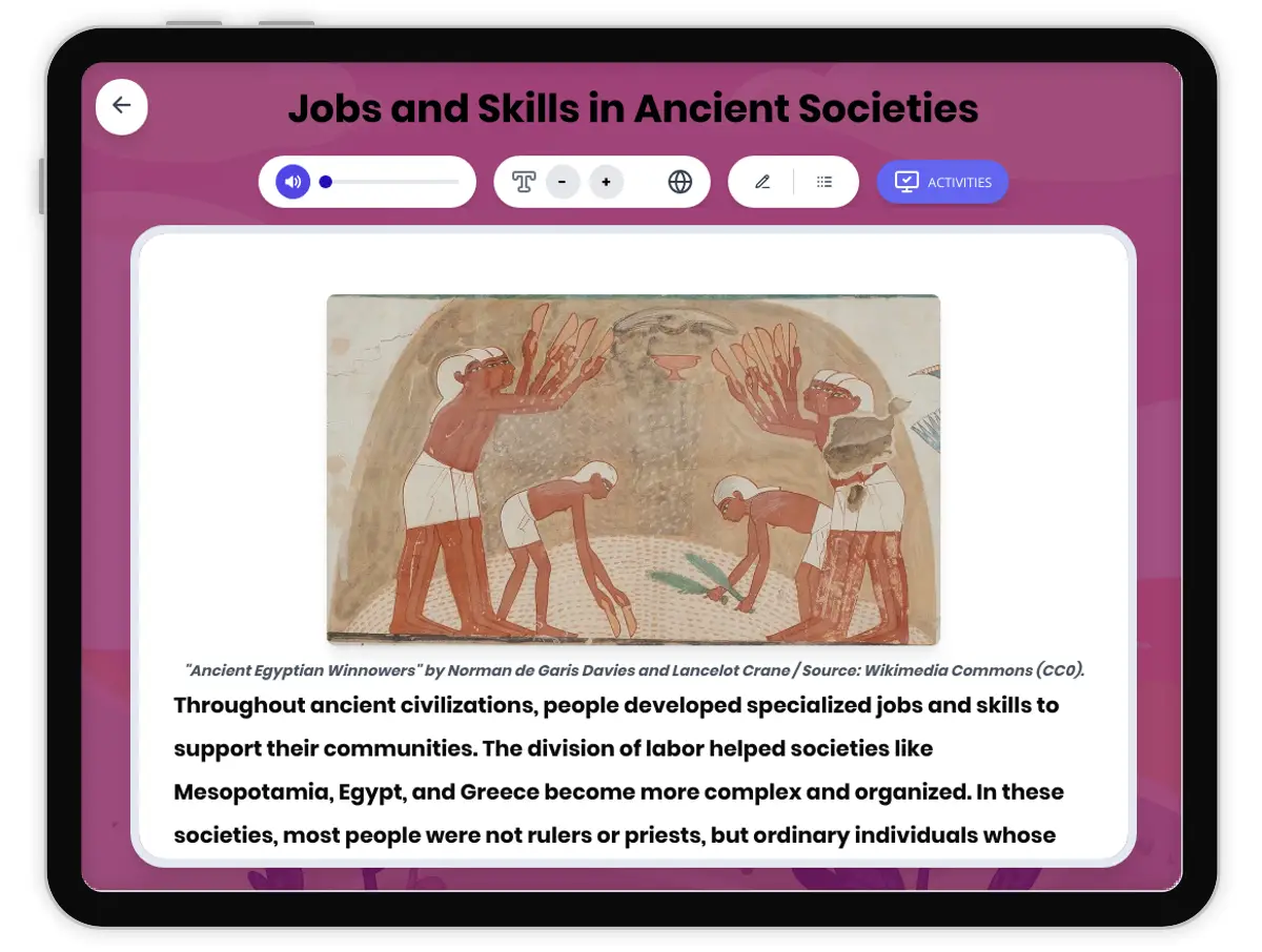Interactive — Reading Comprehension preview: Jobs and Skills in Ancient Societies covering  standards - Page 1 of 1