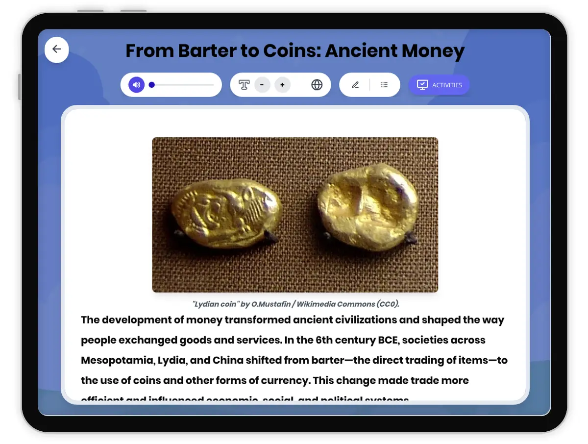 Interactive — Reading Comprehension preview: From Barter to Coins: Ancient Money covering  standards - Page 1 of 1
