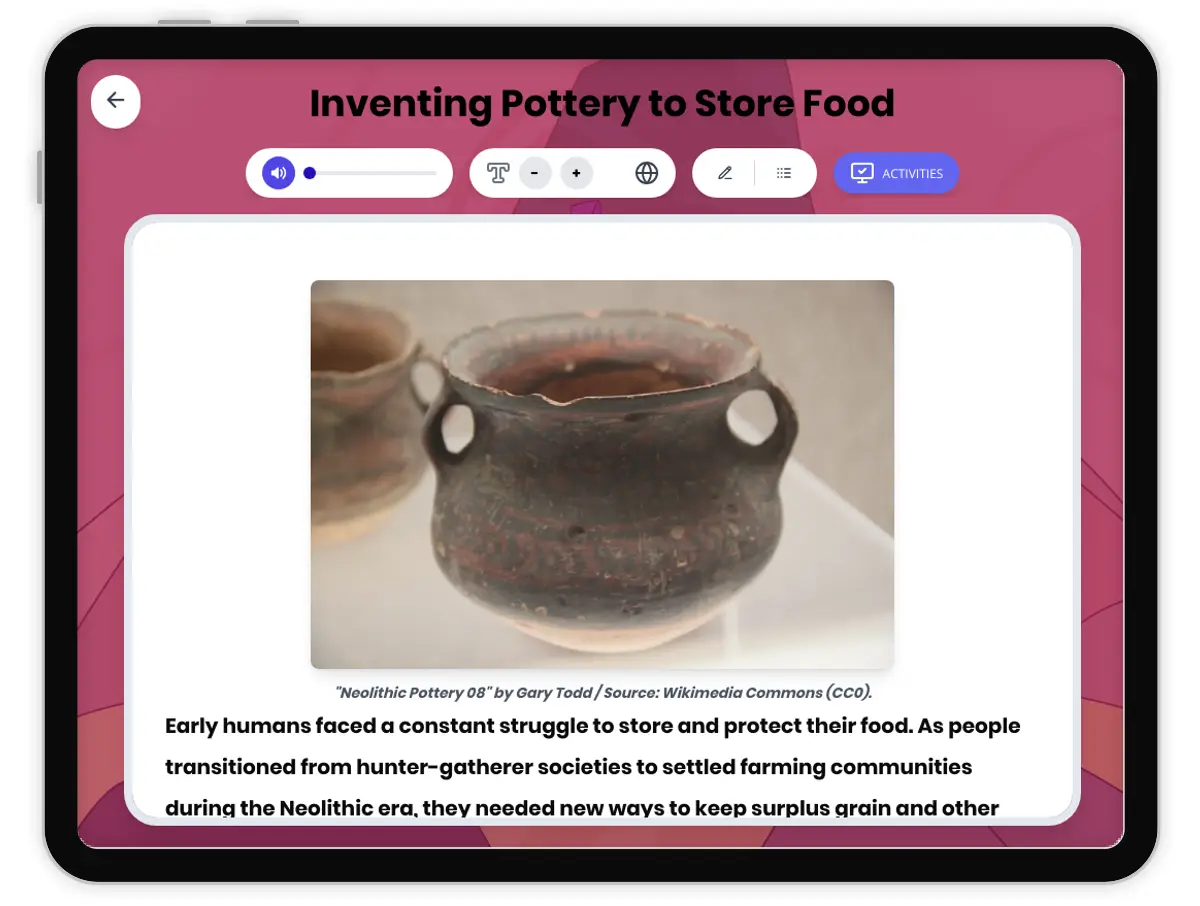Interactive — Reading Comprehension preview: Neolithic Innovation: Making Pottery covering  standards - Page 1 of 1
