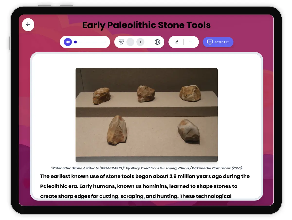 Interactive — Reading Comprehension preview: Early Paleolithic Stone Tools covering  standards - Page 1 of 1