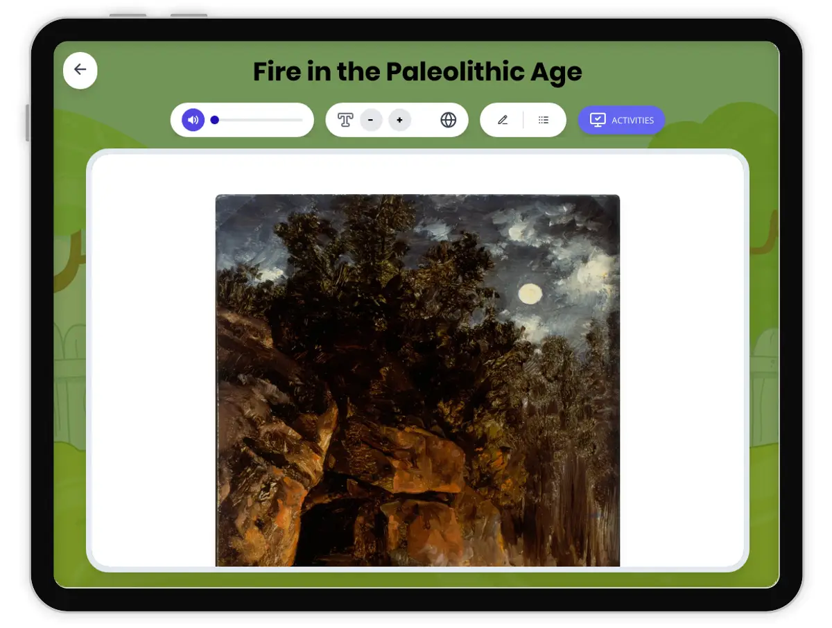 Interactive — Reading Comprehension preview: Fire in the Paleolithic Age covering  standards - Page 1 of 1