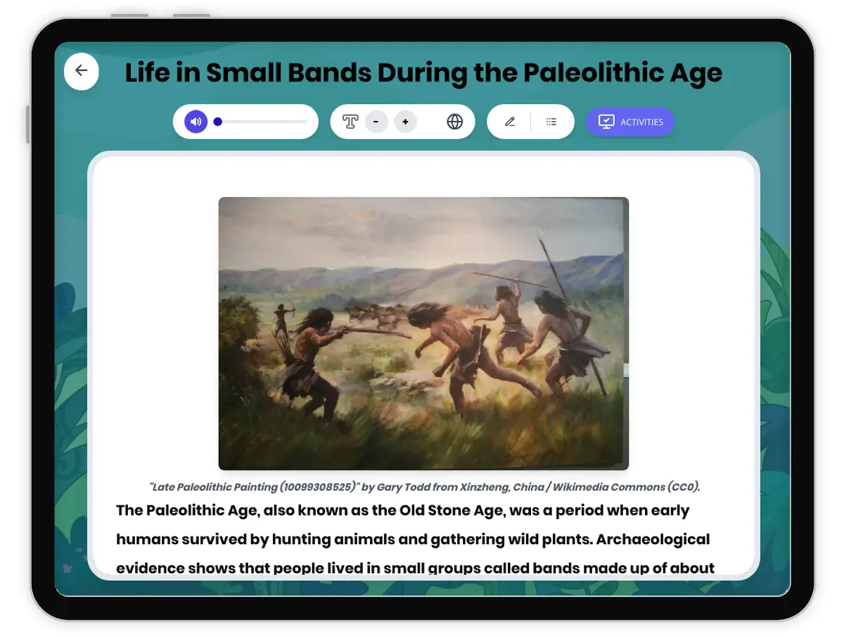 Interactive — Reading Comprehension preview: Life in Small Bands During the Paleolithic Age covering  standards - Page 1 of 1