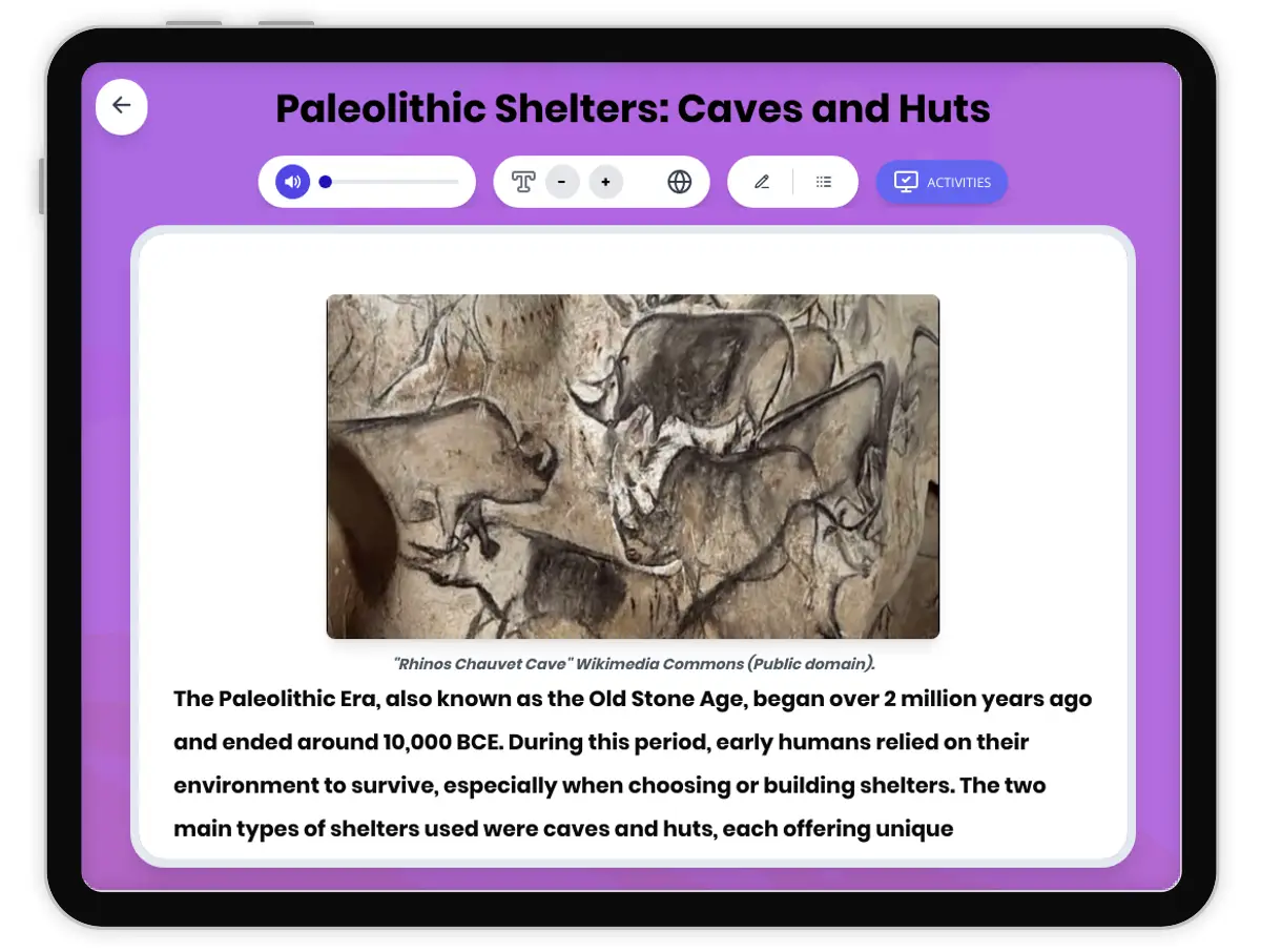 Interactive — Reading Comprehension preview: Paleolithic Shelters: Caves and Huts covering  standards - Page 1 of 1