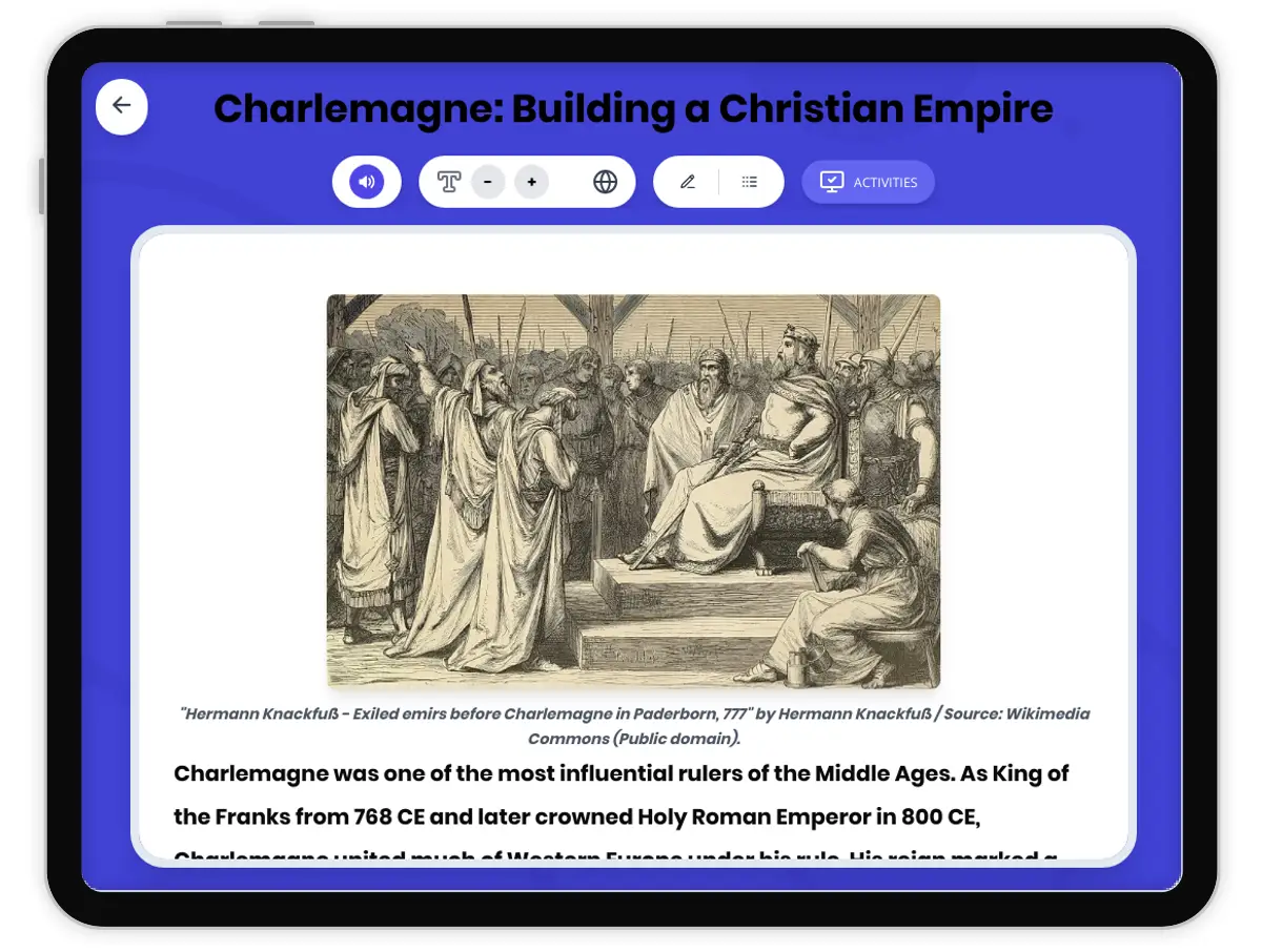 Interactive — Reading Comprehension preview: Charlemagne: Building a Christian Empire covering  standards - Page 1 of 1