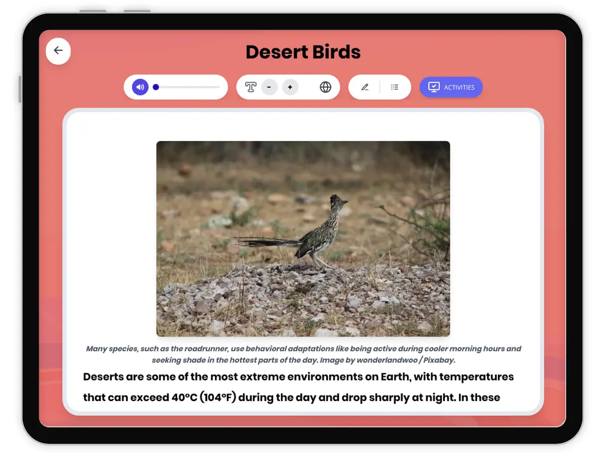 Interactive — Reading Comprehension preview: Desert Birds covering MS-LS2-1, MS-LS2-2, MS-LS1-4 standards - Page 1 of 1