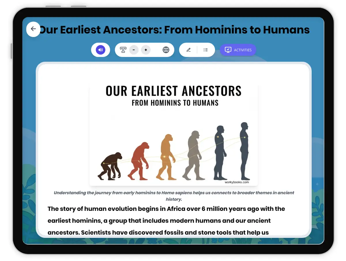 Interactive — Reading Comprehension preview: Our Earliest Ancestors: Hominins to Humans covering  standards - Page 1 of 1