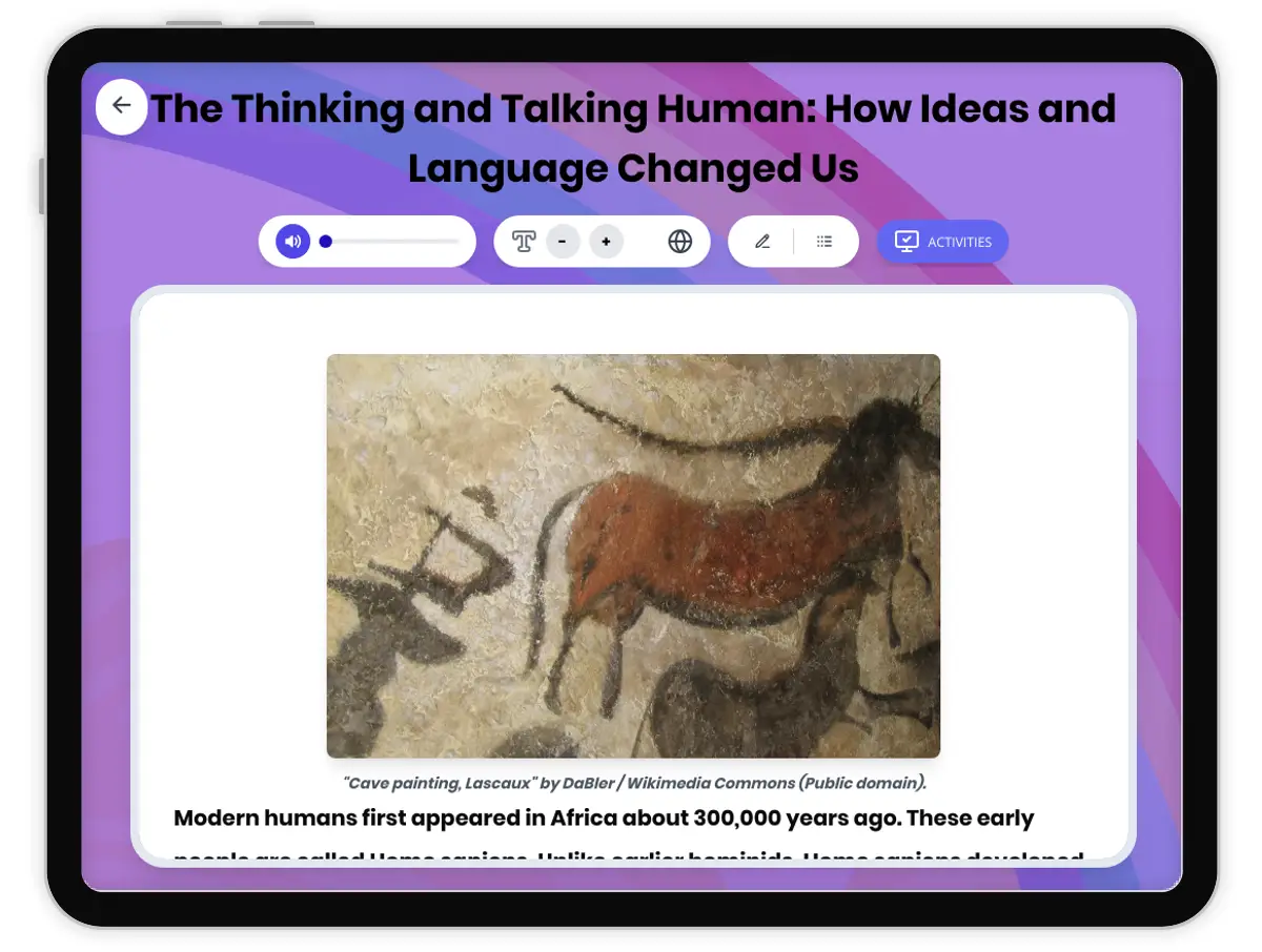 Interactive — Reading Comprehension preview: How Language Changed Early Humans covering  standards - Page 1 of 1