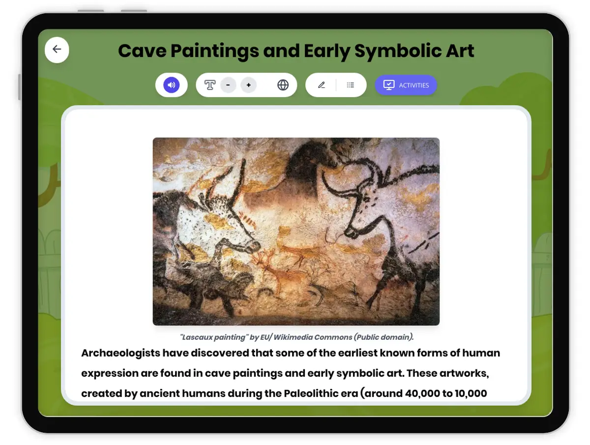 Interactive — Reading Comprehension preview: Cave Paintings and Early Art covering  standards - Page 1 of 1