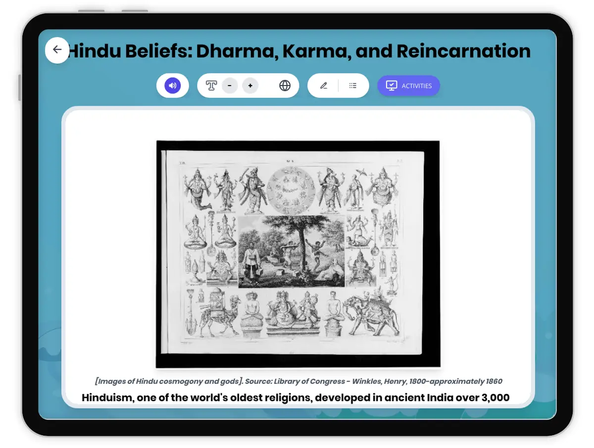 Interactive — Reading Comprehension preview: Hindu Beliefs: Dharma, Karma, and Reincarnation covering  standards - Page 1 of 1