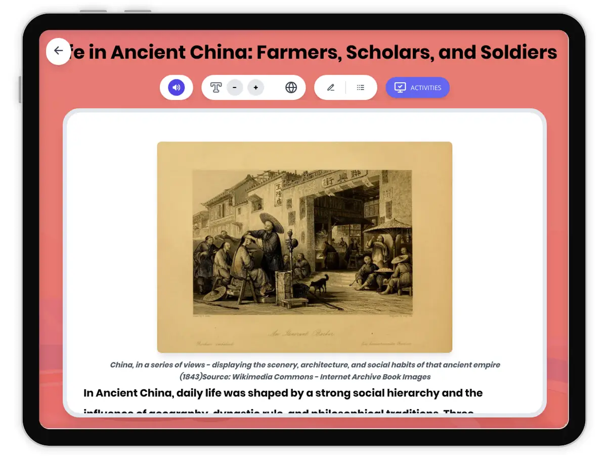 Interactive — Reading Comprehension preview: Life in Ancient China: Farmers, Scholars, and Soldiers covering  standards - Page 1 of 1