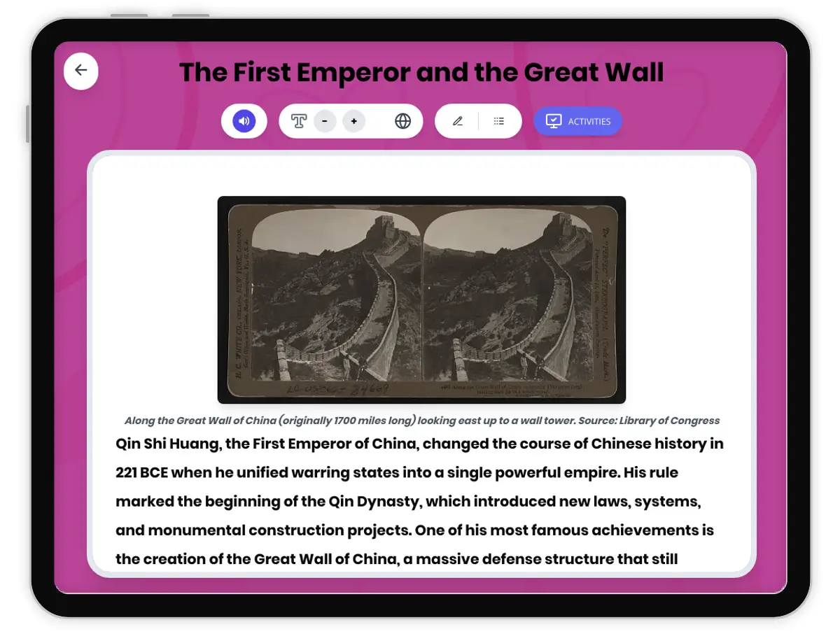 Interactive — Reading Comprehension preview: The First Emperor and the Great Wall covering  standards - Page 1 of 1