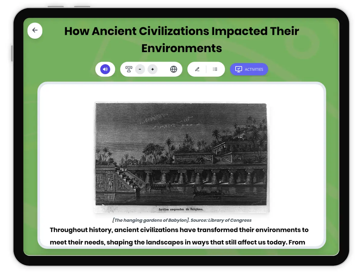 Interactive — Reading Comprehension preview: Ancient Civilizations and the Environment covering  standards - Page 1 of 1