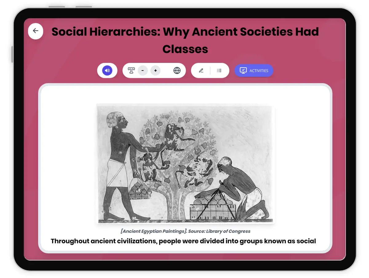 Interactive — Reading Comprehension preview: Social Classes in Ancient Societies covering  standards - Page 1 of 1