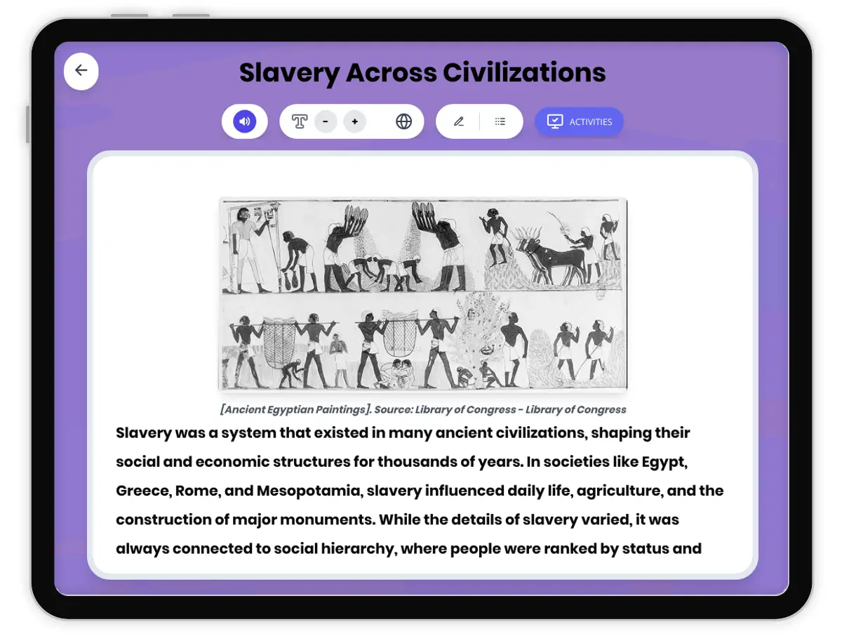 Interactive — Reading Comprehension preview: Slavery Across Civilizations covering  standards - Page 1 of 1