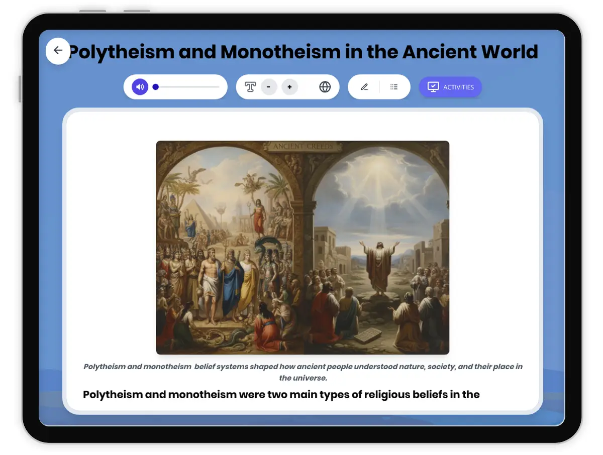 Interactive — Reading Comprehension preview: Polytheism and Monotheism in Ancient Times covering  standards - Page 1 of 1