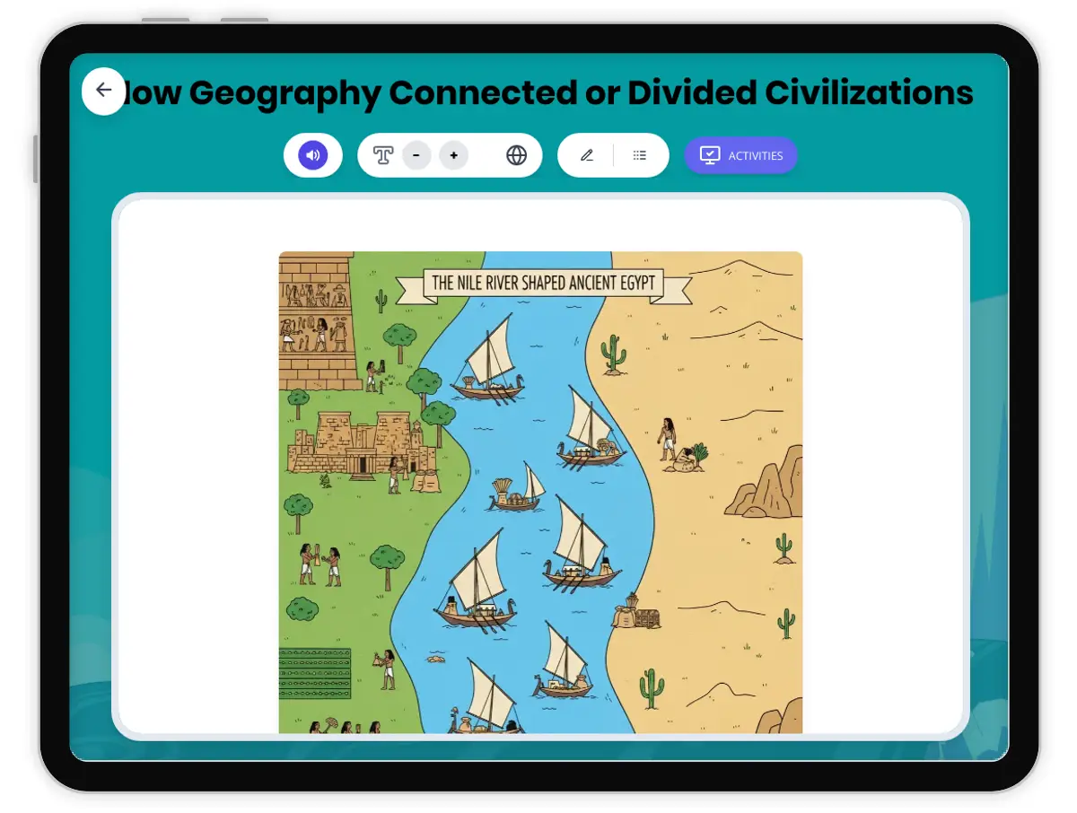 Interactive — Reading Comprehension preview: Geography: Connecting and Dividing Civilizations covering  standards - Page 1 of 1