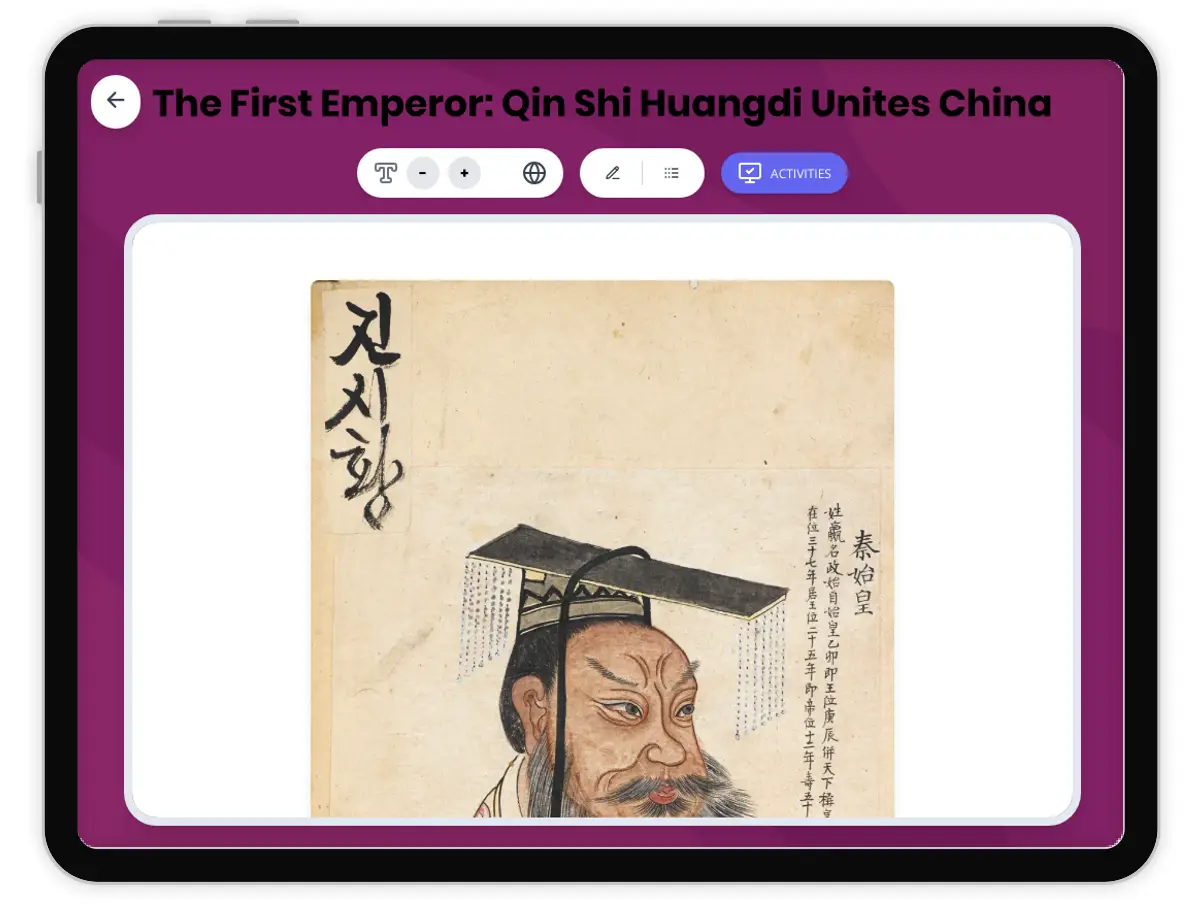 Interactive — Reading Comprehension preview: The First Emperor: Qin Shi Huangdi Unites China covering  standards - Page 1 of 1