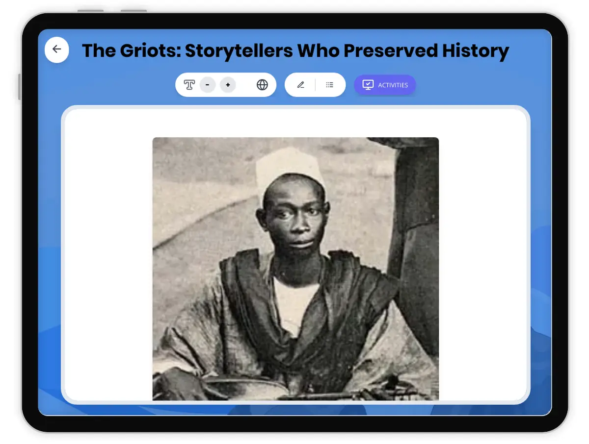 Interactive — Reading Comprehension preview: The Griots: Storytellers Who Preserved History covering  standards - Page 1 of 1