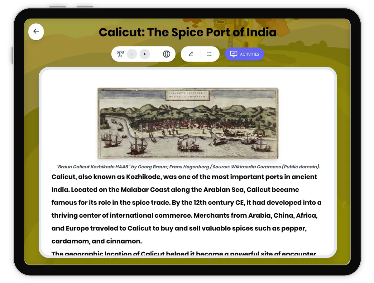 Interactive — Reading Comprehension preview: Calicut: The Spice Port of India covering  standards - Page 1 of 1