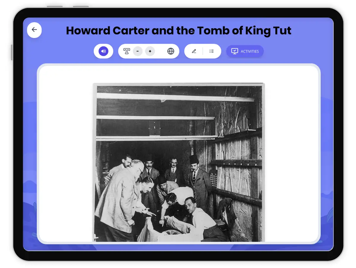 Interactive — Reading Comprehension preview: Howard Carter and the Tomb of King Tut covering  standards - Page 1 of 1