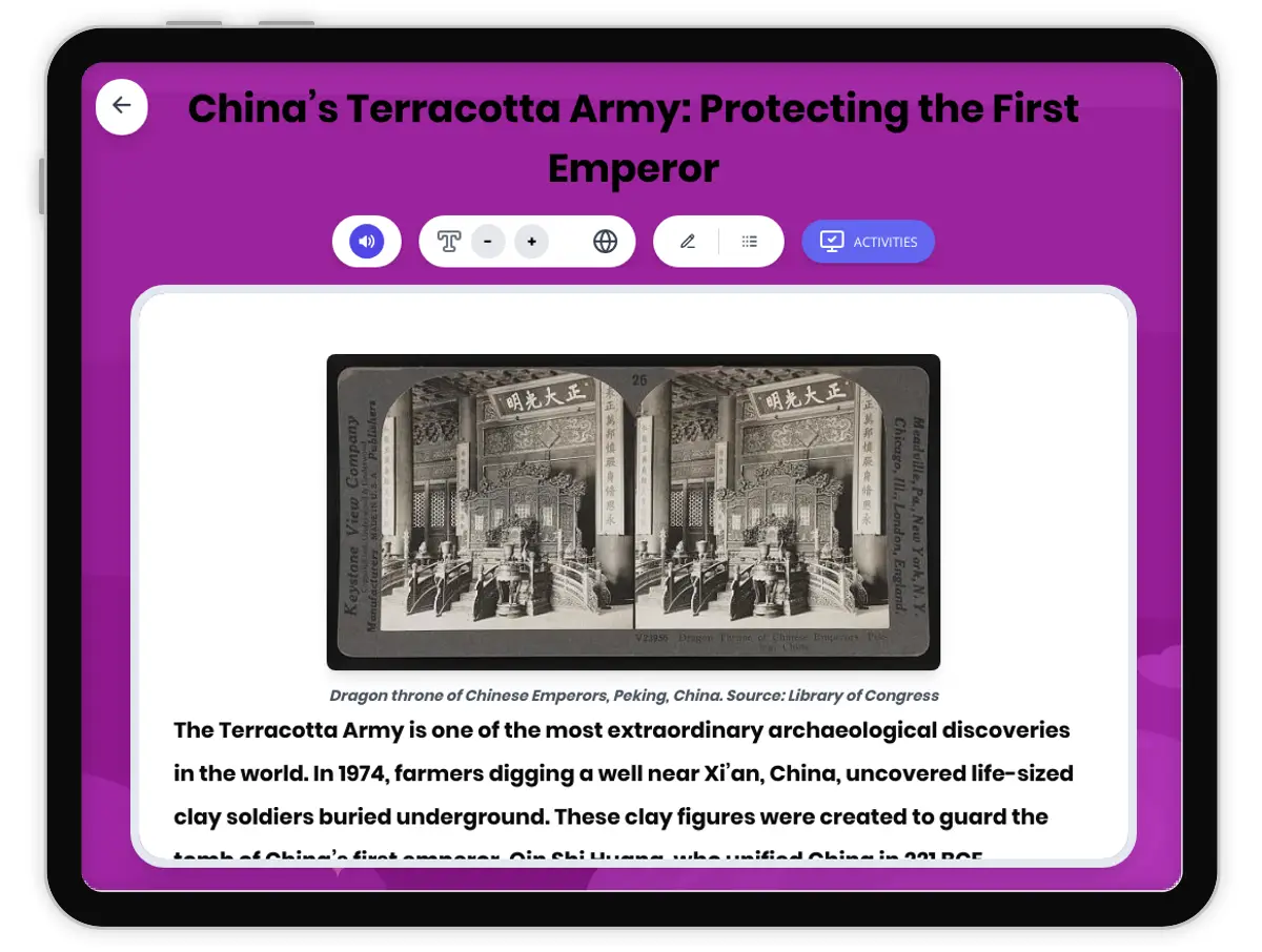 Interactive — Reading Comprehension preview: China’s Terracotta Army: Protecting the First Emperor covering  standards - Page 1 of 1