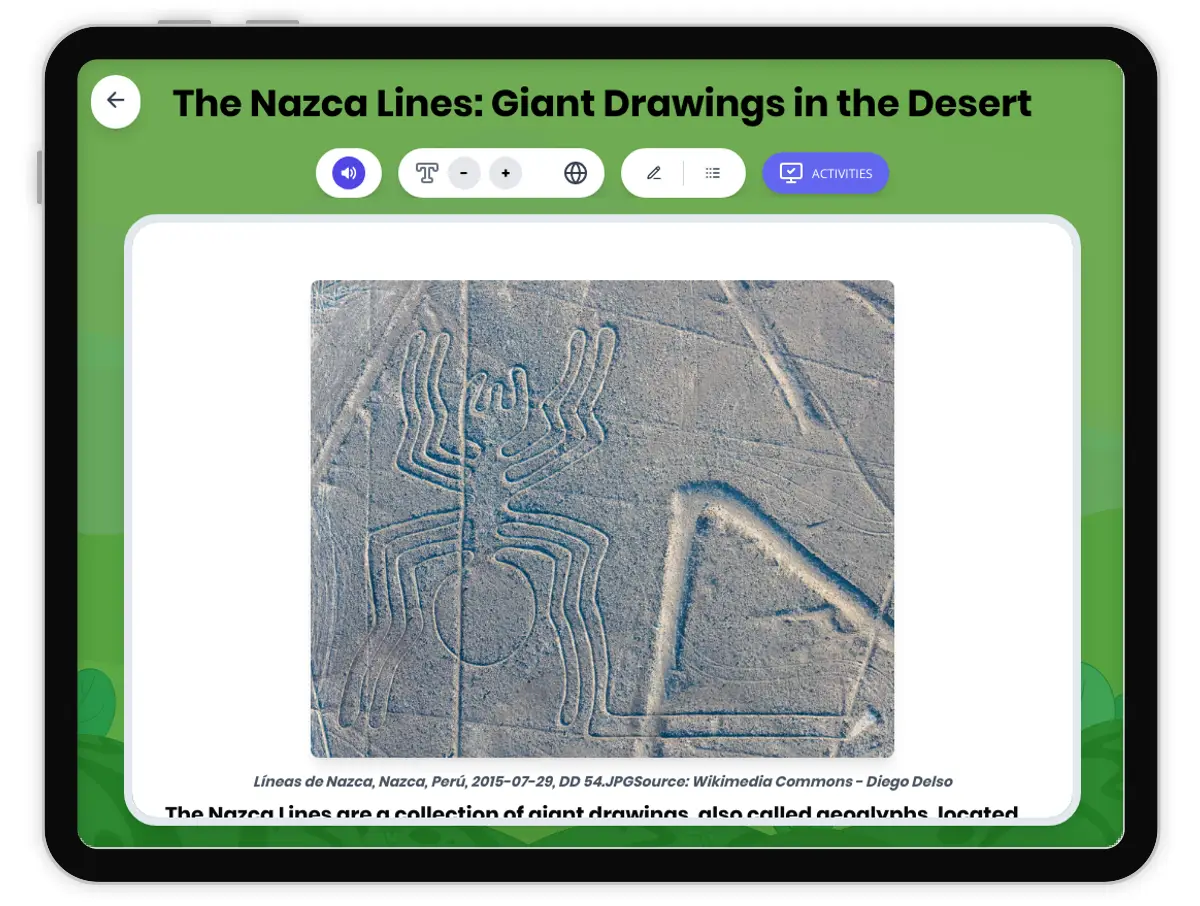 Interactive — Reading Comprehension preview: The Nazca Lines: Giant Drawings in the Desert covering  standards - Page 1 of 1