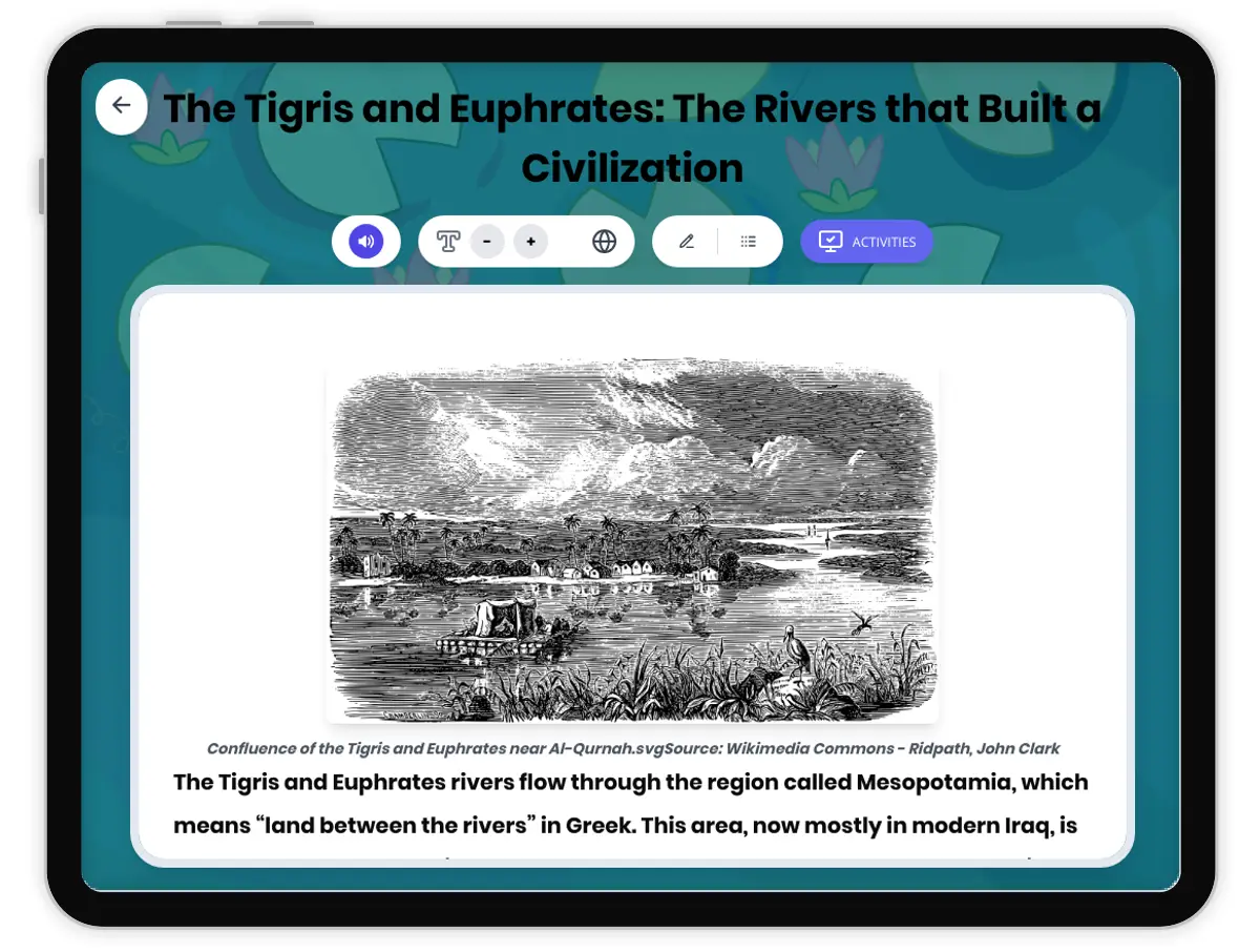 Interactive — Reading Comprehension preview: The Tigris and Euphrates: The Rivers that Built a Civilization covering  standards - Page 1 of 1