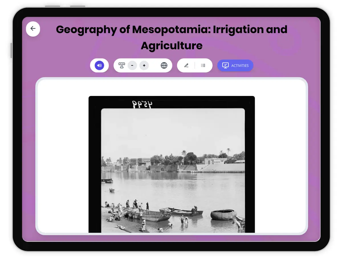 Interactive — Reading Comprehension preview: Geography of Mesopotamia: Irrigation and Agriculture covering  standards - Page 1 of 1