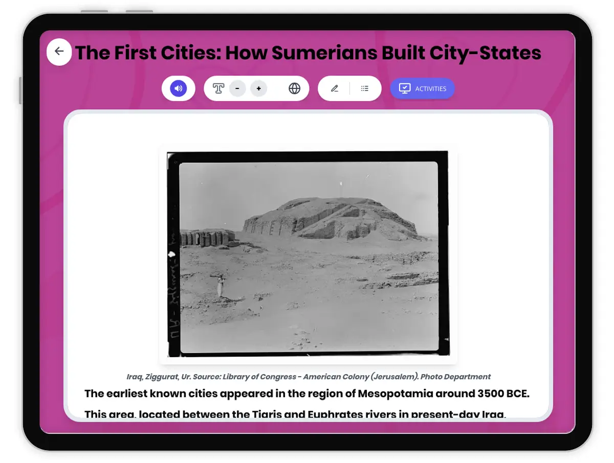 Interactive — Reading Comprehension preview: The First Cities: How Sumerians Built City-States covering  standards - Page 1 of 1