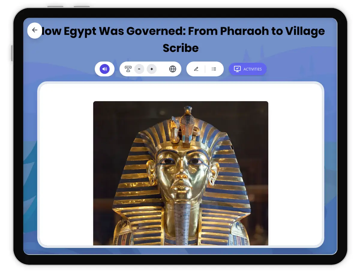 Interactive — Reading Comprehension preview: How Egypt Was Governed: From Pharaoh to Village Scribe covering  standards - Page 1 of 1