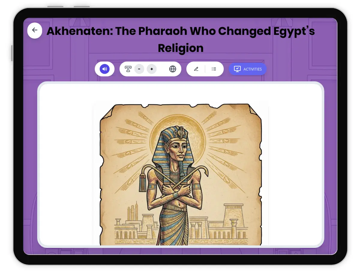Interactive — Reading Comprehension preview: Akhenaten: Changing Egypt's Religion covering  standards - Page 1 of 1