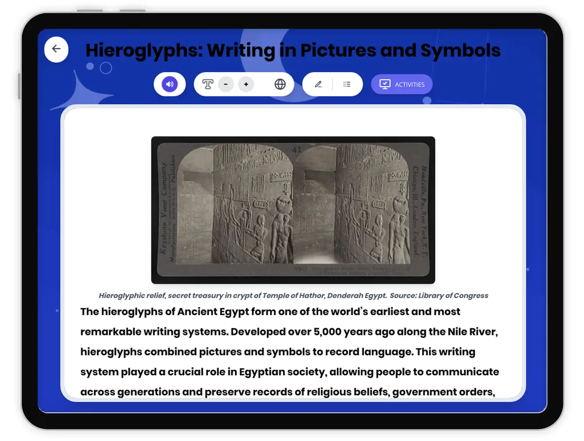 Interactive — Reading Comprehension preview: Hieroglyphs: Writing in Pictures and Symbols covering  standards - Page 1 of 1