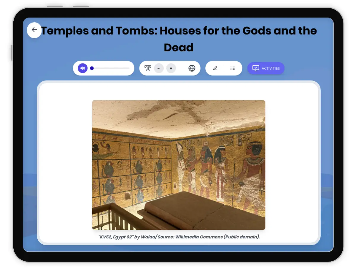 Interactive — Reading Comprehension preview: Temples and Tombs in Ancient Egypt covering  standards - Page 1 of 1
