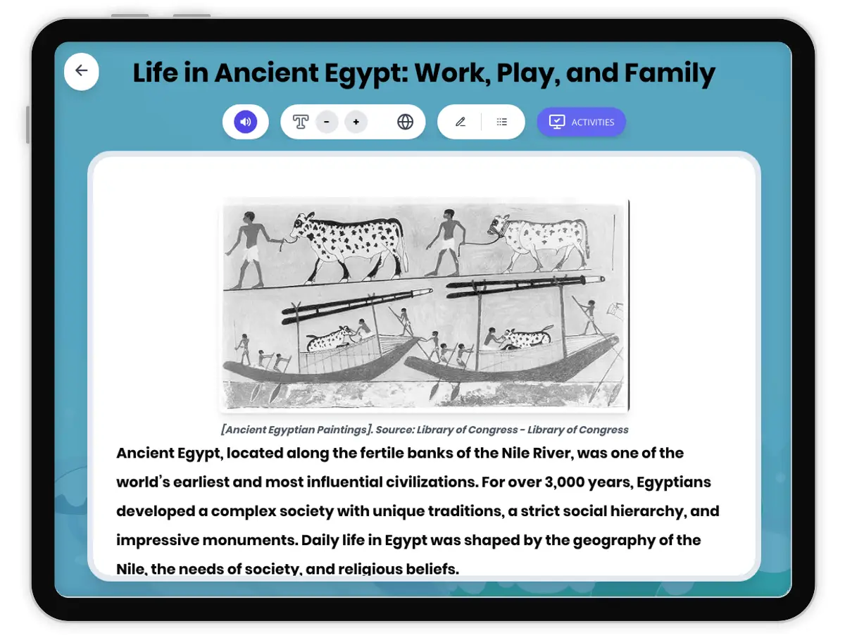 Interactive — Reading Comprehension preview: Life in Ancient Egypt: Work, Play, and Family covering  standards - Page 1 of 1