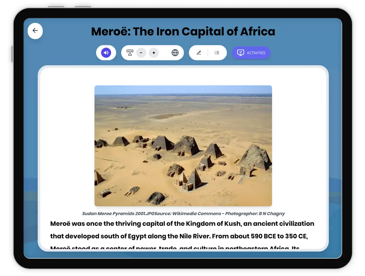 Interactive — Reading Comprehension preview: Meroë: The Iron Capital of Africa covering  standards - Page 1 of 1