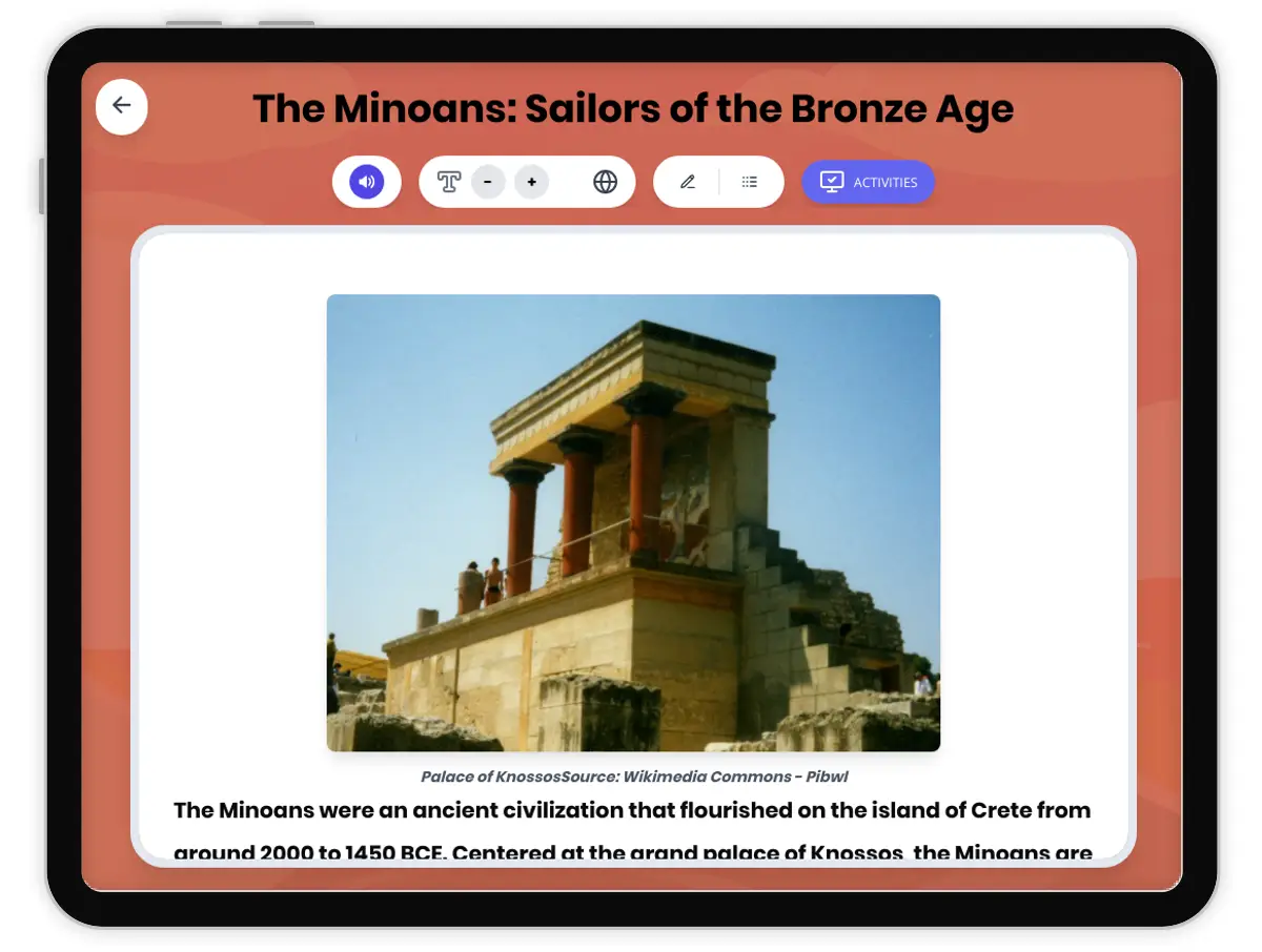 Interactive — Reading Comprehension preview: The Minoans: Sailors of the Bronze Age covering  standards - Page 1 of 1