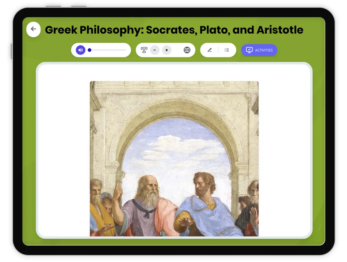 Interactive — Reading Comprehension preview: Greek Philosophers: Socrates, Plato, Aristotle covering  standards - Page 1 of 1