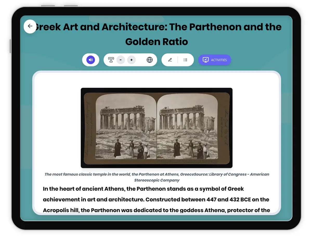 Interactive — Reading Comprehension preview: Greek  Art and Architecture: The Parthenon and the Golden Ratio covering  standards - Page 1 of 1