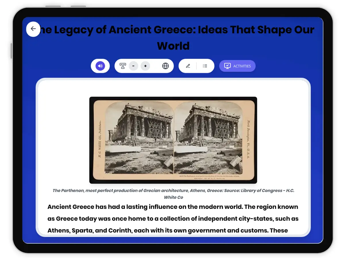 Interactive — Reading Comprehension preview: The Legacy of Ancient Greece: Ideas That Shape Our World covering  standards - Page 1 of 1