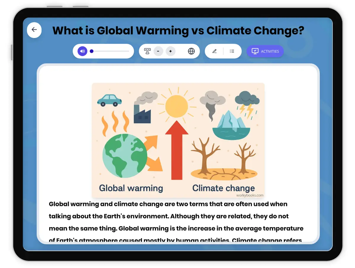 Interactive — Reading Comprehension preview: What is Global Warming vs Climate Change? covering  standards - Page 1 of 1