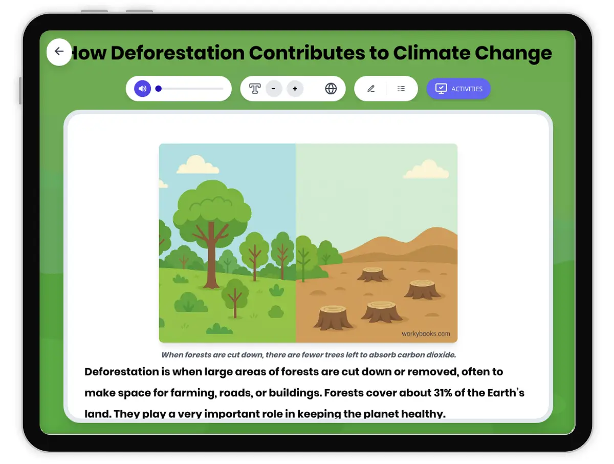 Interactive — Reading Comprehension preview: How Deforestation Contributes to Climate Change covering  standards - Page 1 of 1