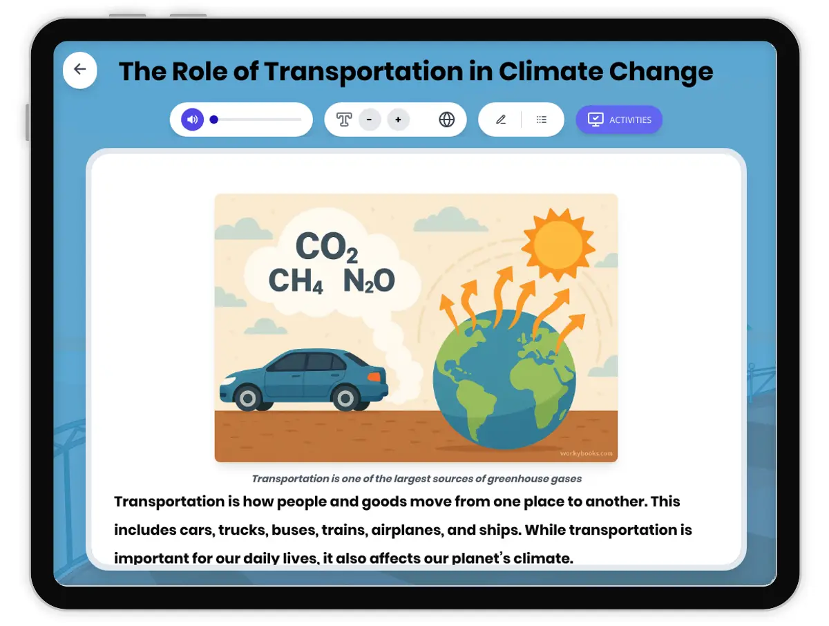 Interactive — Reading Comprehension preview: The Role of Transportation in Climate Change covering  standards - Page 1 of 1