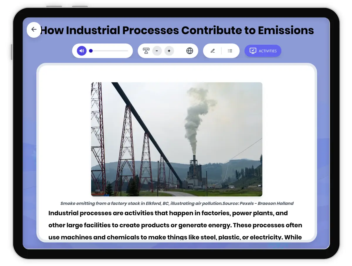 Interactive — Reading Comprehension preview: How Industrial Processes Contribute to Emissions covering  standards - Page 1 of 1