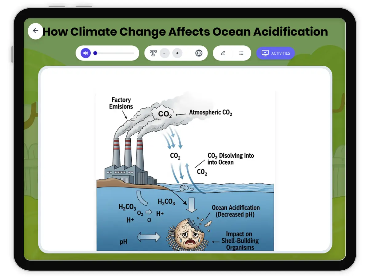Interactive — Reading Comprehension preview: How Climate Change Affects Ocean Acidification covering  standards - Page 1 of 1